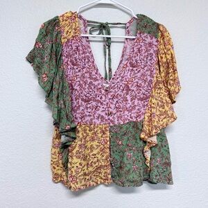 O’Neill Flutter Sleeve Patchwork Floral Buttoned Front Blouse XL